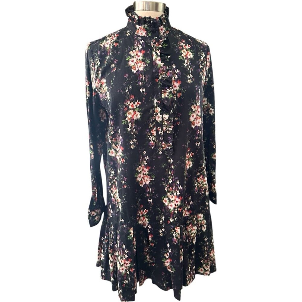 Tuckernuck Dress Womens Large Black Onyx Falling Flowers Bouquet Shirt Dress - Picture 2 of 16